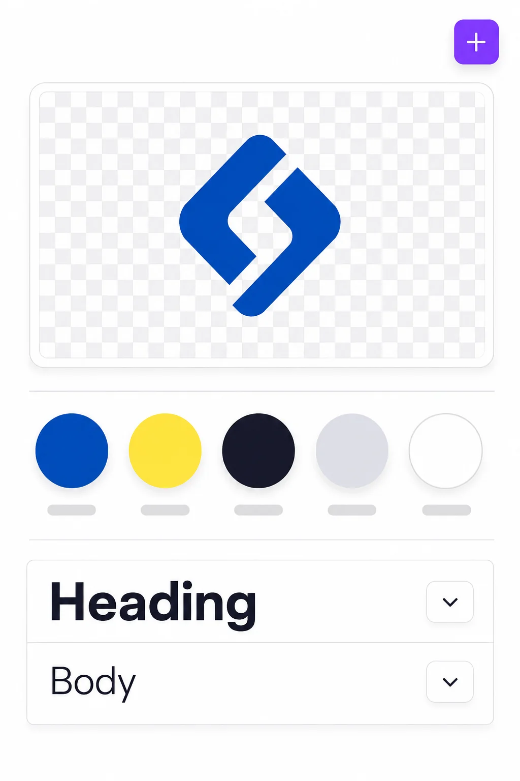A Brand Kit page filled in with an uploaded logo, a row of brand color swatches with hex codes, and a heading and body font pairing.