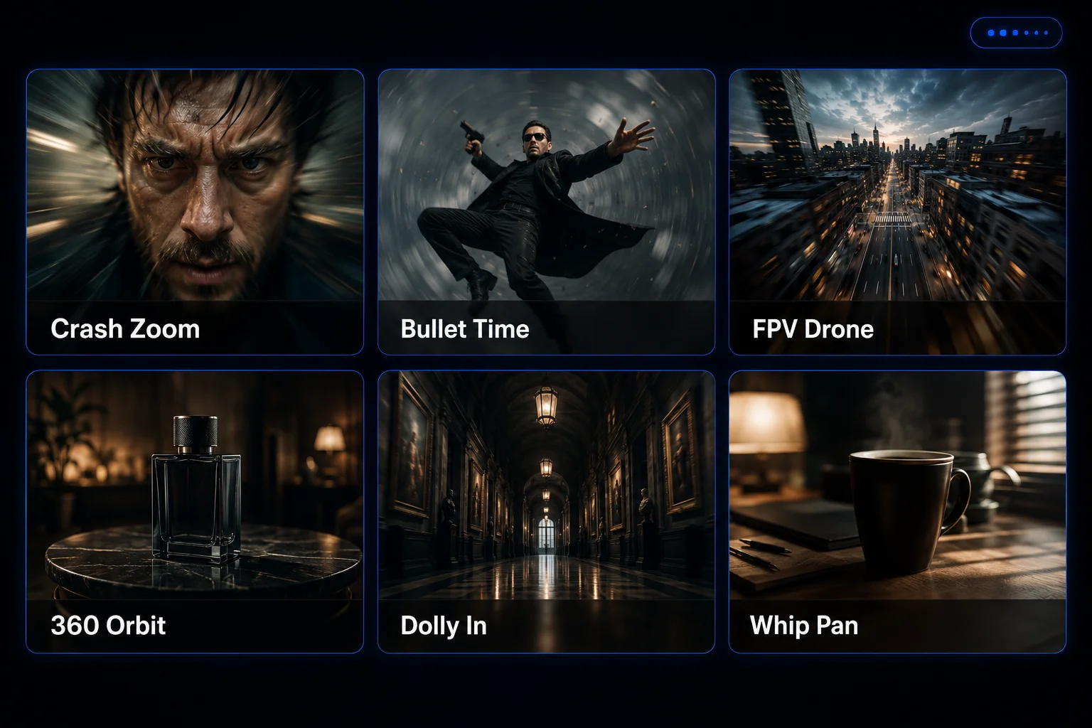 A grid of named camera motion presets including Crash Zoom, Bullet Time, FPV Drone, 360 Orbit, Dolly In, and Whip Pan, each shown as a selectable card with a cinematic preview.