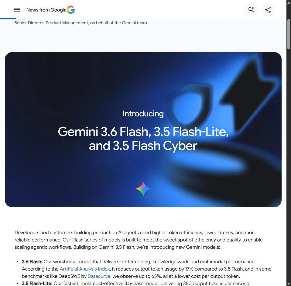 Google AI Studio model picker showing Gemini Flash Latest (gemini-3.6-flash) and Gemini Flash-Lite Latest (gemini-3.5-flash-lite), both marked New, with their per-token pricing.