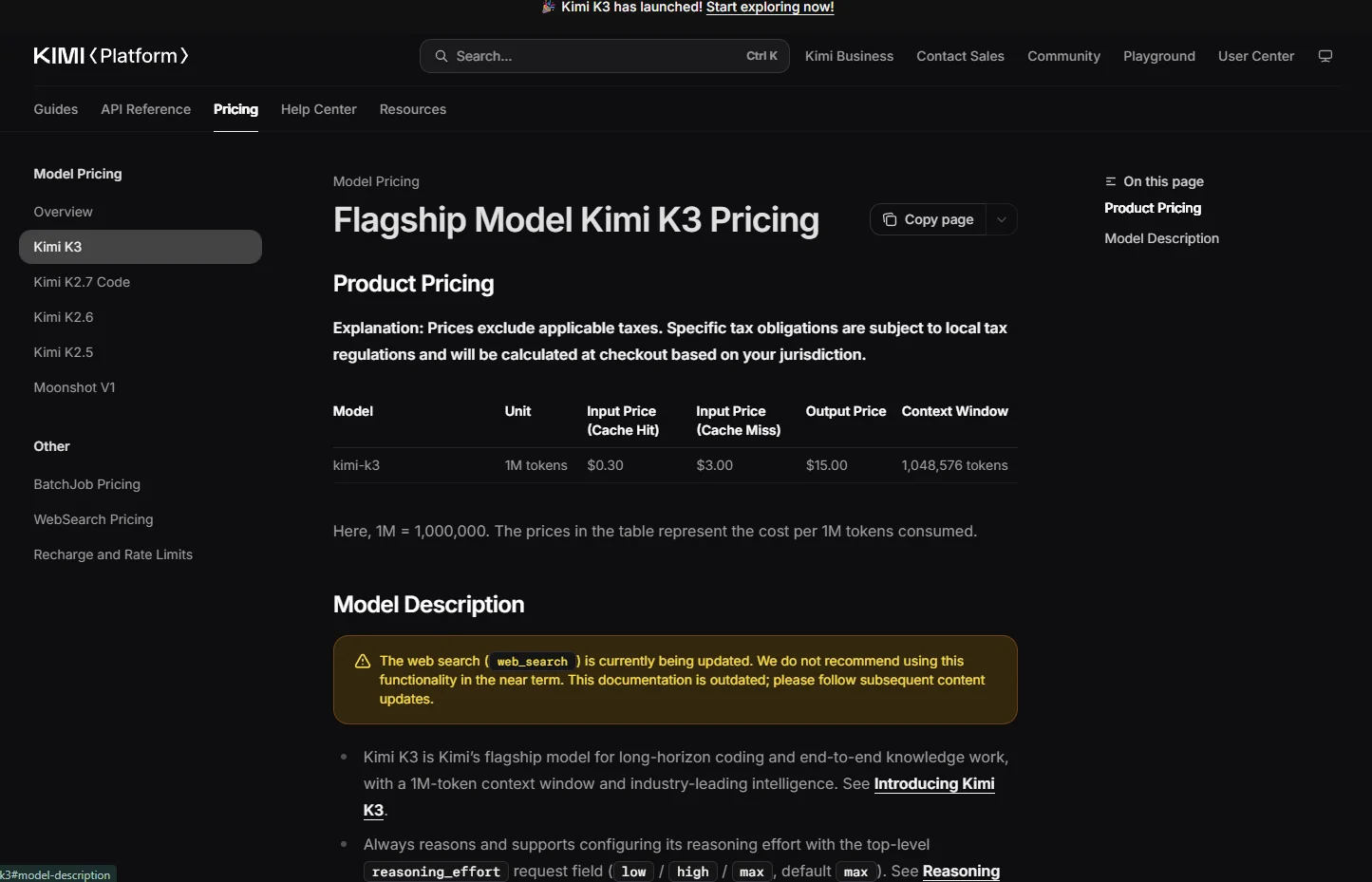 Moonshot's official Kimi K3 pricing page showing $0.30 cache-hit input, $3.00 cache-miss input, $15.00 output per million tokens, and a 1,048,576 token context window