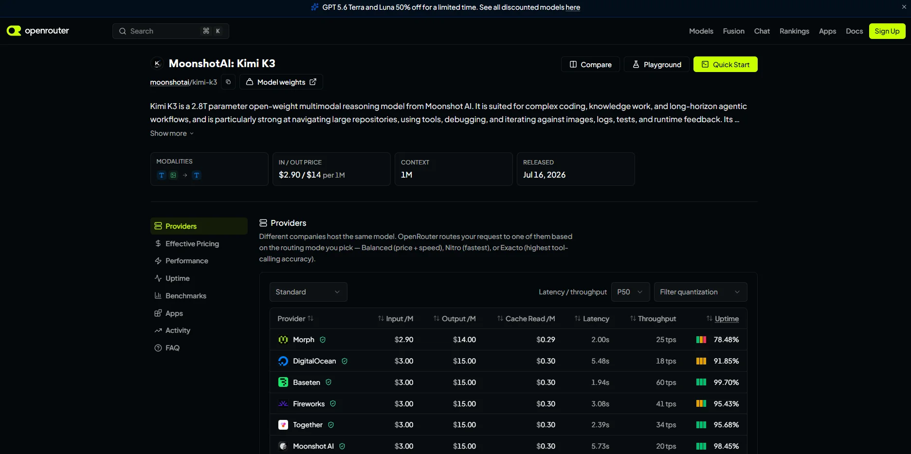 The OpenRouter page for MoonshotAI Kimi K3, showing 1M context, a July 16 2026 release date, and the provider table with per-million prices, latency, throughput, and uptime for Morph, DigitalOcean, Baseten, Fireworks, Together, and Moonshot AI