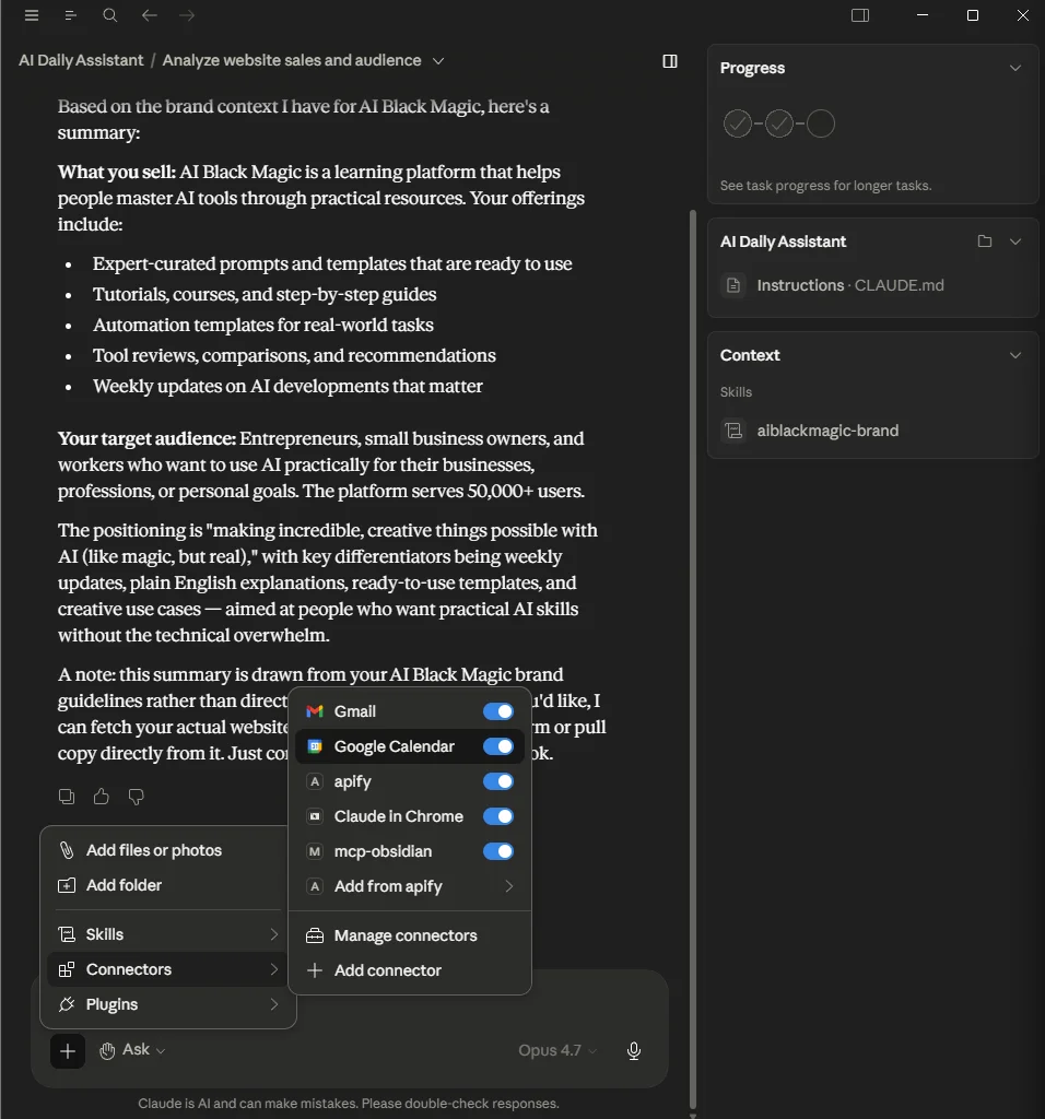 Finished AI Daily Dashboard inside Claude Cowork, showing today's schedule, daily tasks, and a categorized inbox with newsletter summaries