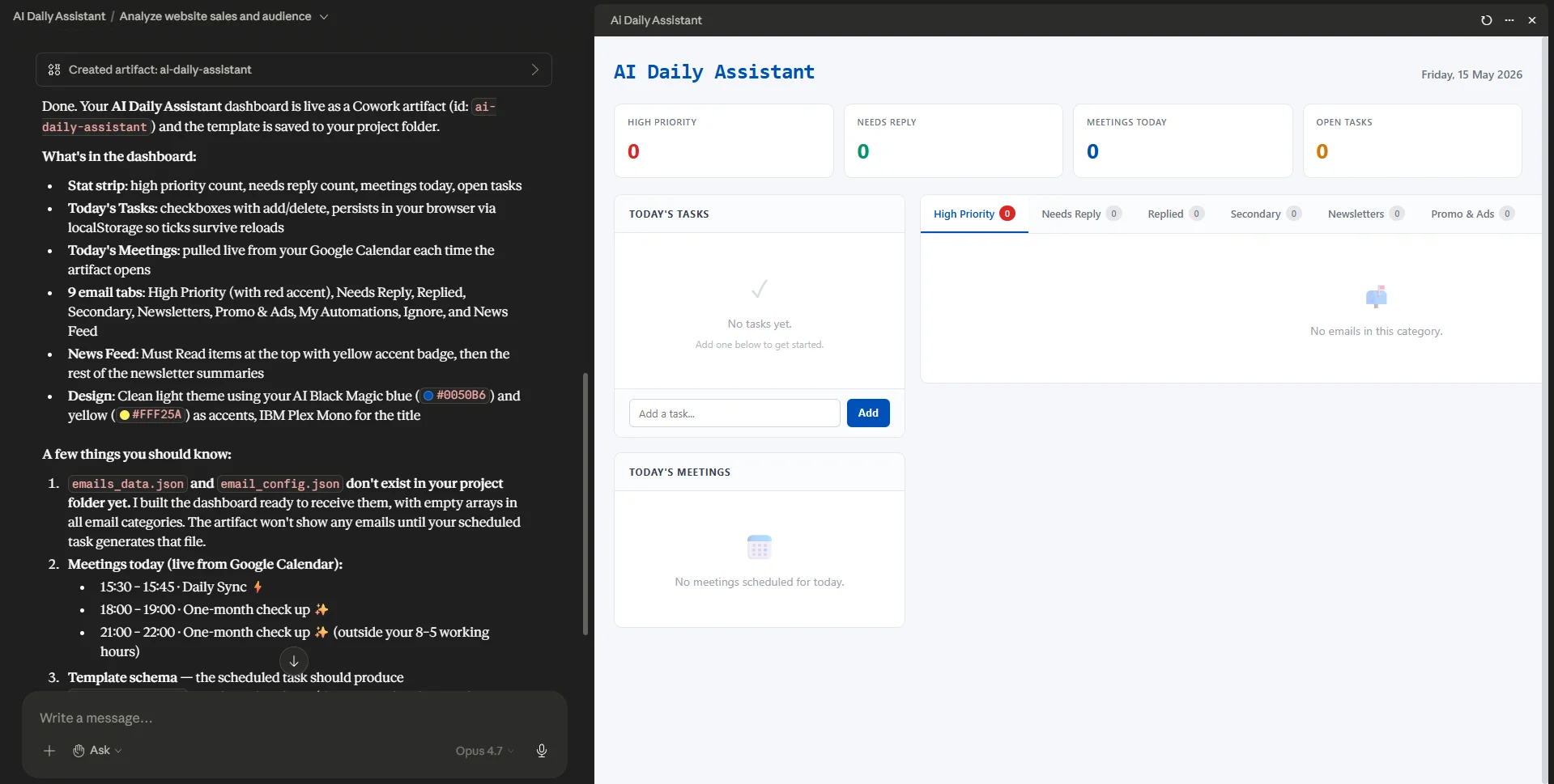 Completed Daily Command Center artifact open in the Claude sidebar, showing today's schedule, daily tasks, and the categorized inbox