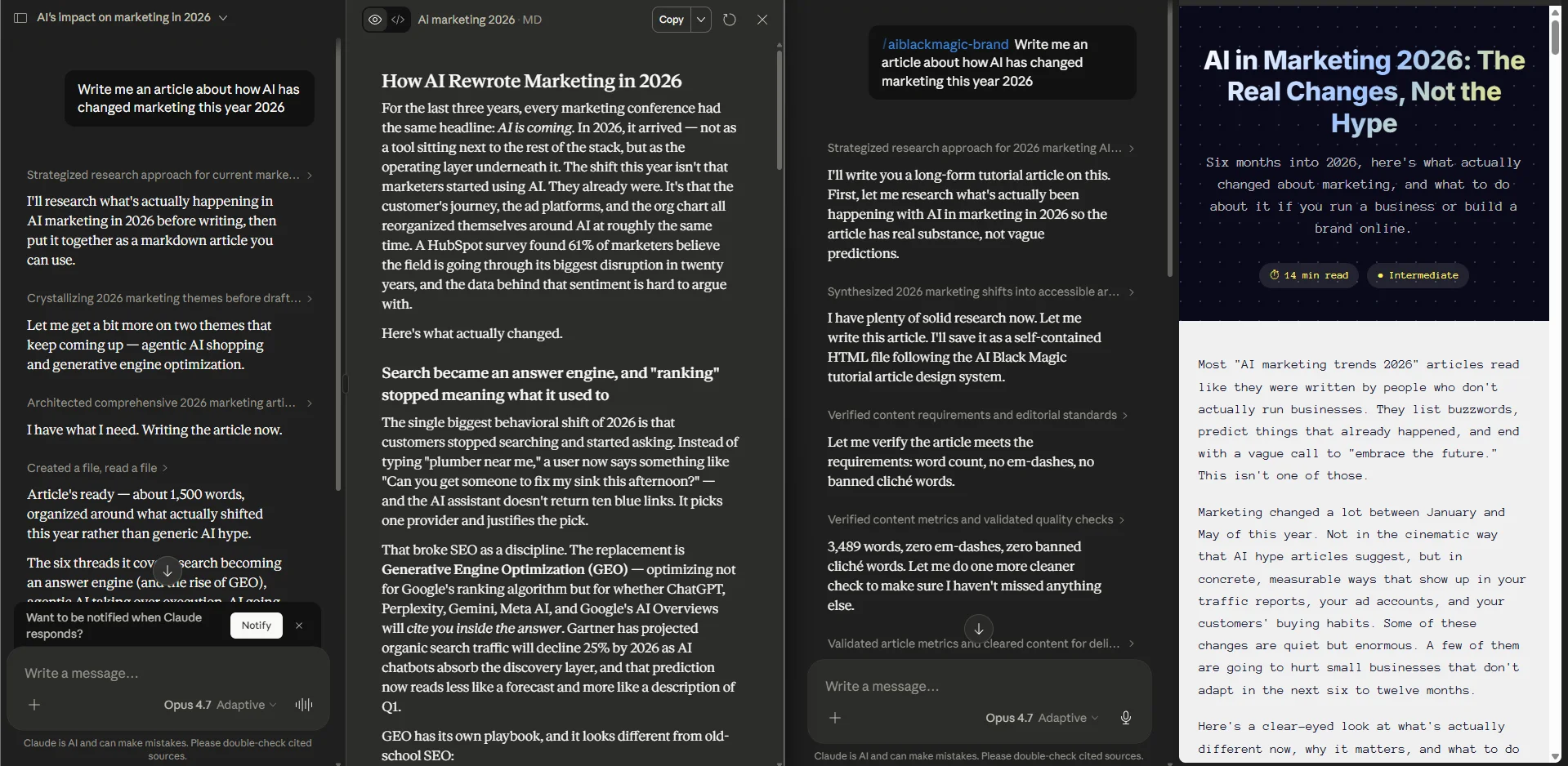 Side-by-side comparison of a prompt run without a knowledge base folder versus with one attached, illustrating how the second output is dramatically more specific