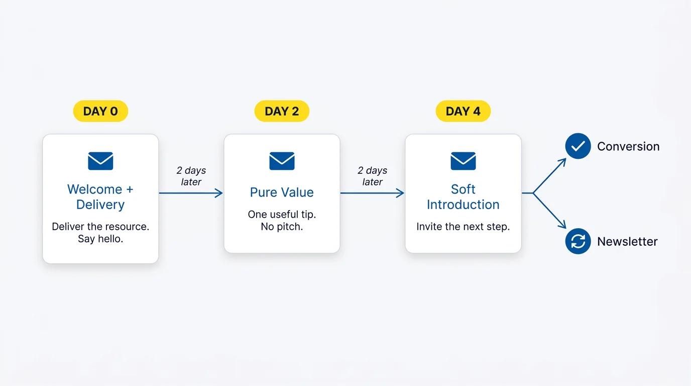 Email welcome sequence timeline diagram showing three cards across four days: Day 0 Welcome and Delivery, Day 2 Pure Value, and Day 4 Soft Introduction, with arrows forking into Newsletter or Conversion outcomes