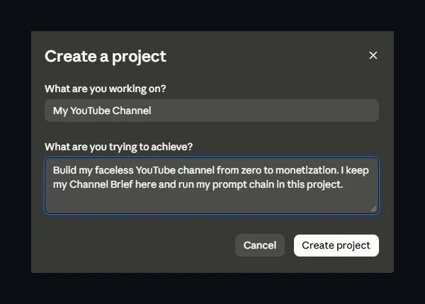 Claude's New Project dialog on claude.ai with a project named My YouTube Channel and a short description of the goal