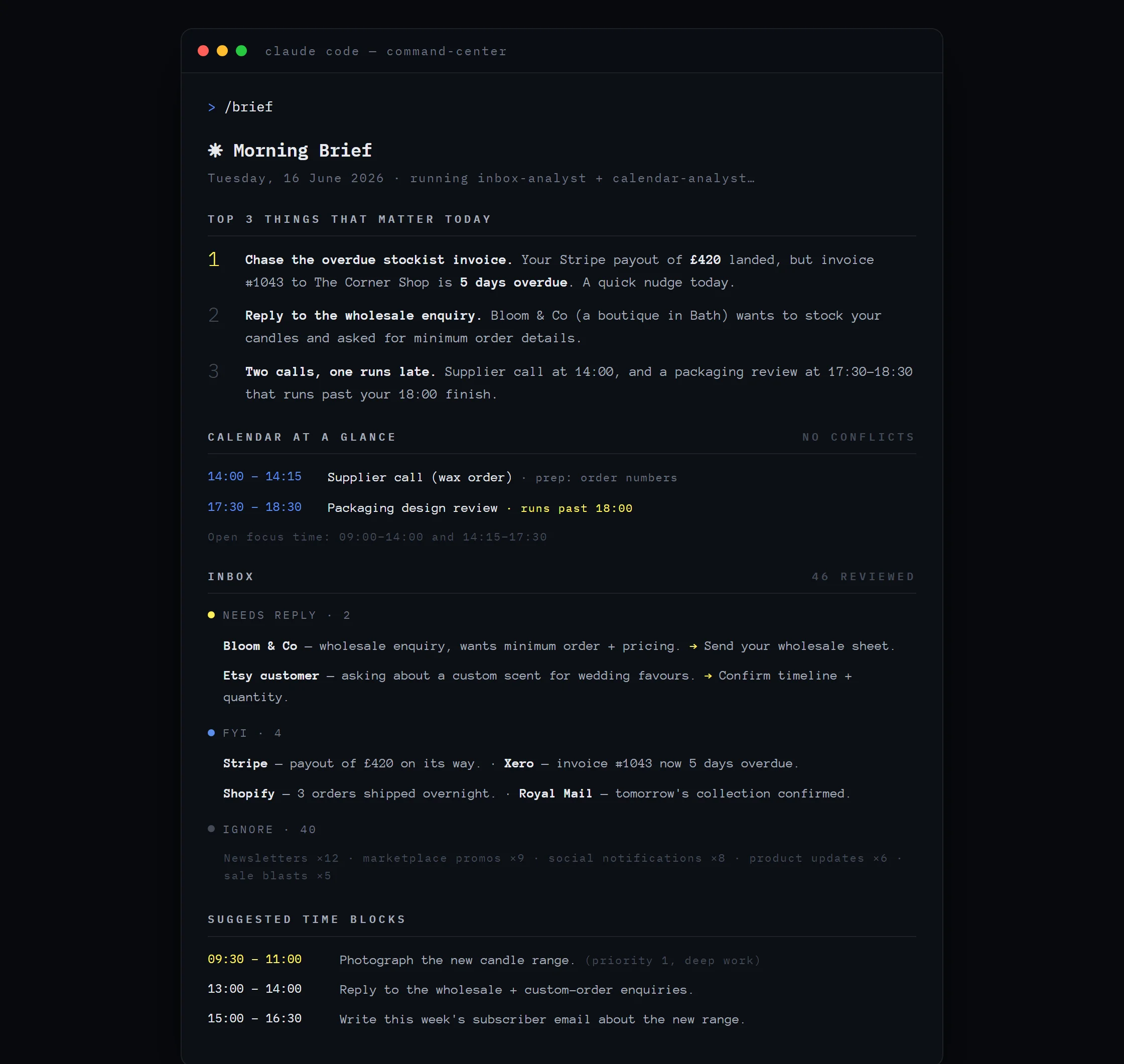 The finished dashboard.html open in a browser (sanitized sample data): dark console style, top 3 cards, calendar timeline, inbox columns.