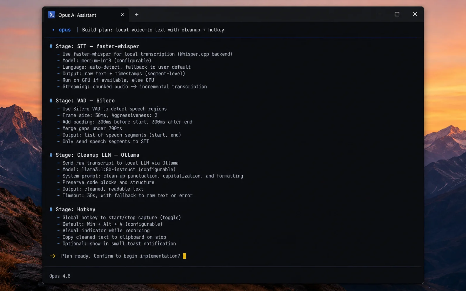 A second, fresh Claude Code window on Opus 4.8 critiquing the build plan and returning a tightened version