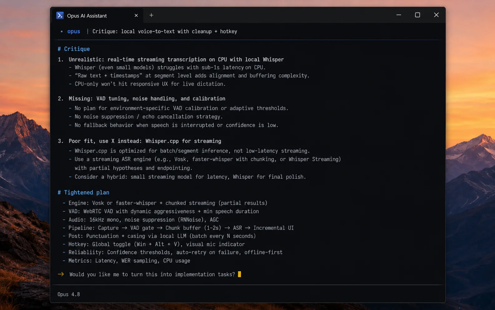 The finished local dictation tool running on Windows, dropping freshly dictated text into a text box