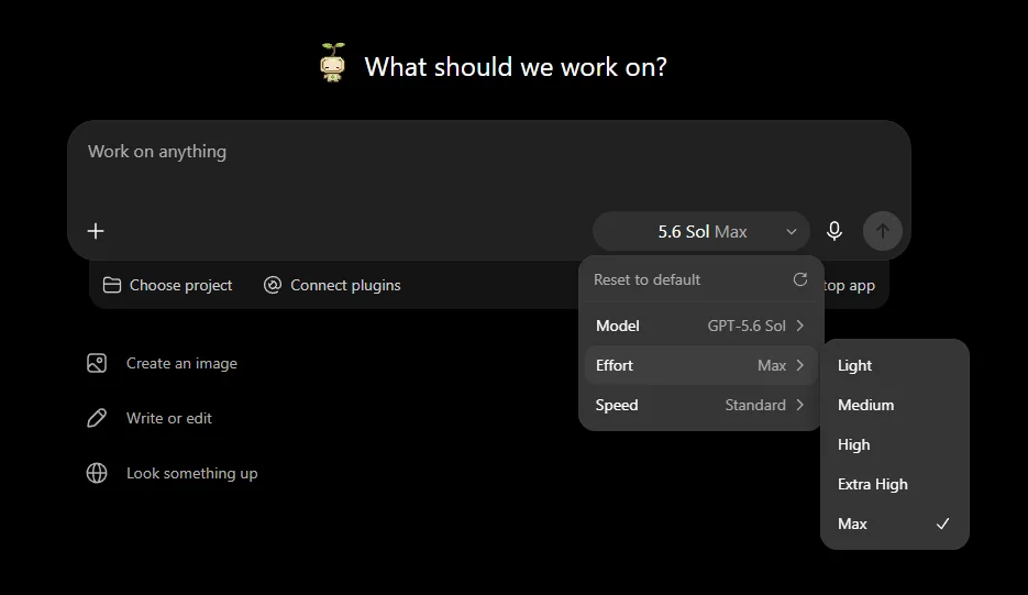 The reasoning effort control beneath the ChatGPT composer showing the available effort levels