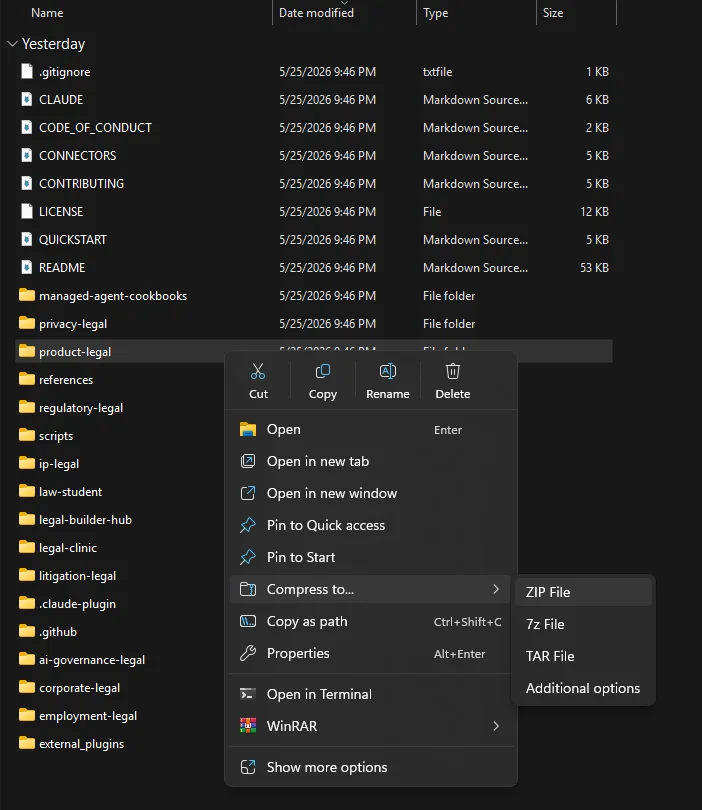 A single plugin folder being right-clicked, with the Compress option highlighted in the context menu.