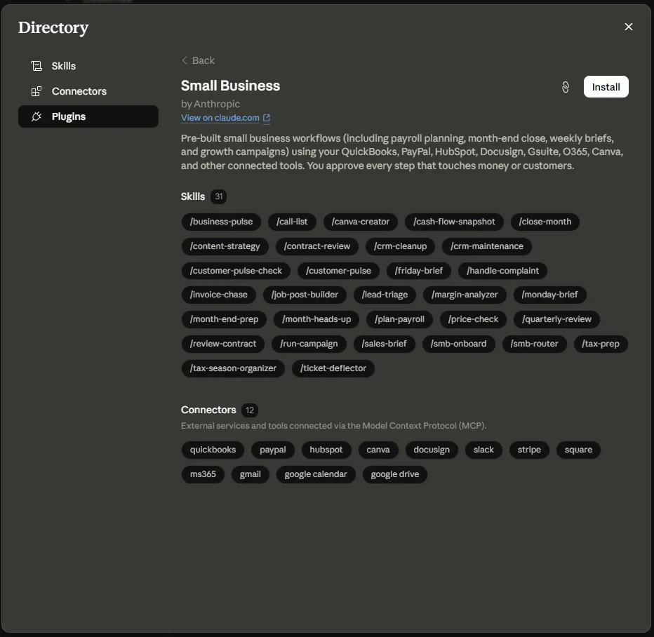 Cowork Customize Directory showing the Small Business plugin by Anthropic with its 31 skills tags and 12 connector chips visible