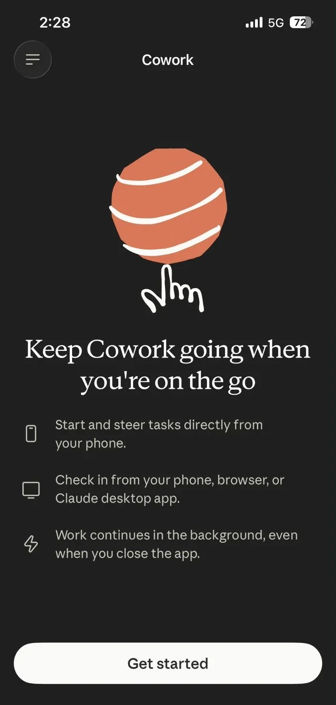 Cowork onboarding screen on a phone, titled Keep Cowork going when you're on the go, listing three points: start and steer tasks directly from your phone, check in from your phone, browser, or Claude desktop app, and work continues in the background even when you close the app.