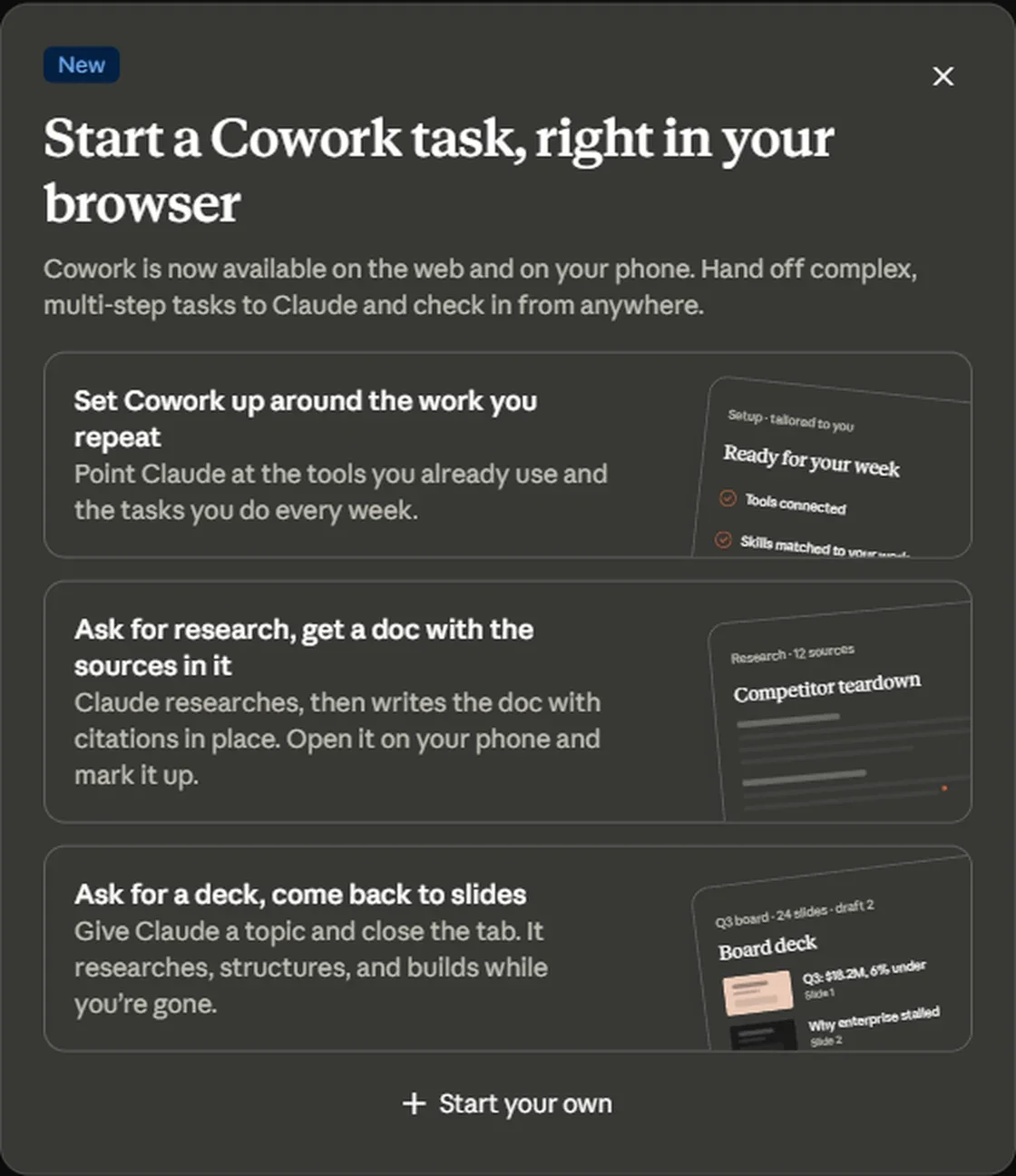 Claude in-product announcement panel reading Start a Cowork task, right in your browser, with three example tasks: setting Cowork up around the work you repeat, asking for research and getting a document with the sources cited in it, and asking for a deck and coming back to finished slides.