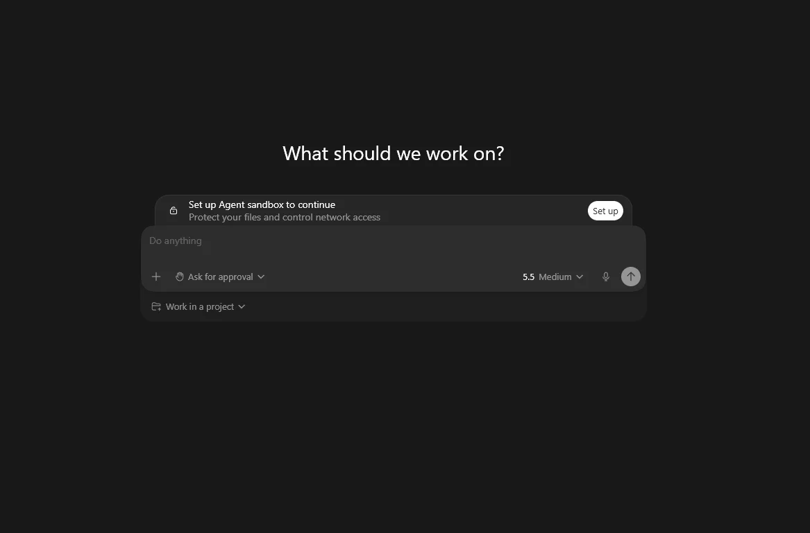 The Codex desktop app home screen with the model selector and main prompt