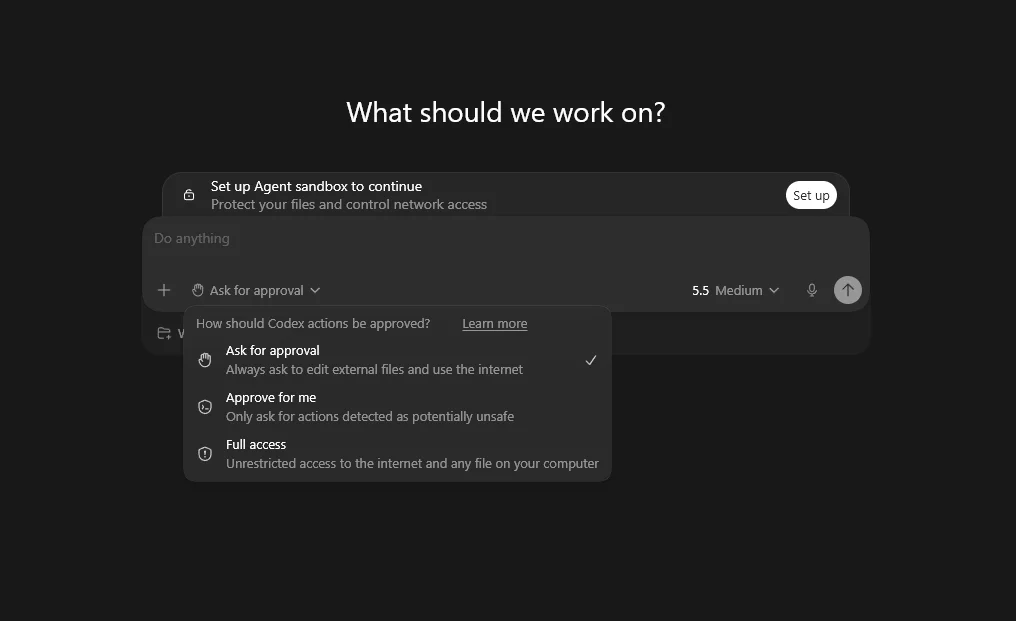 The Codex approval dropdown showing Ask for approval, Approve for me, and Full access options