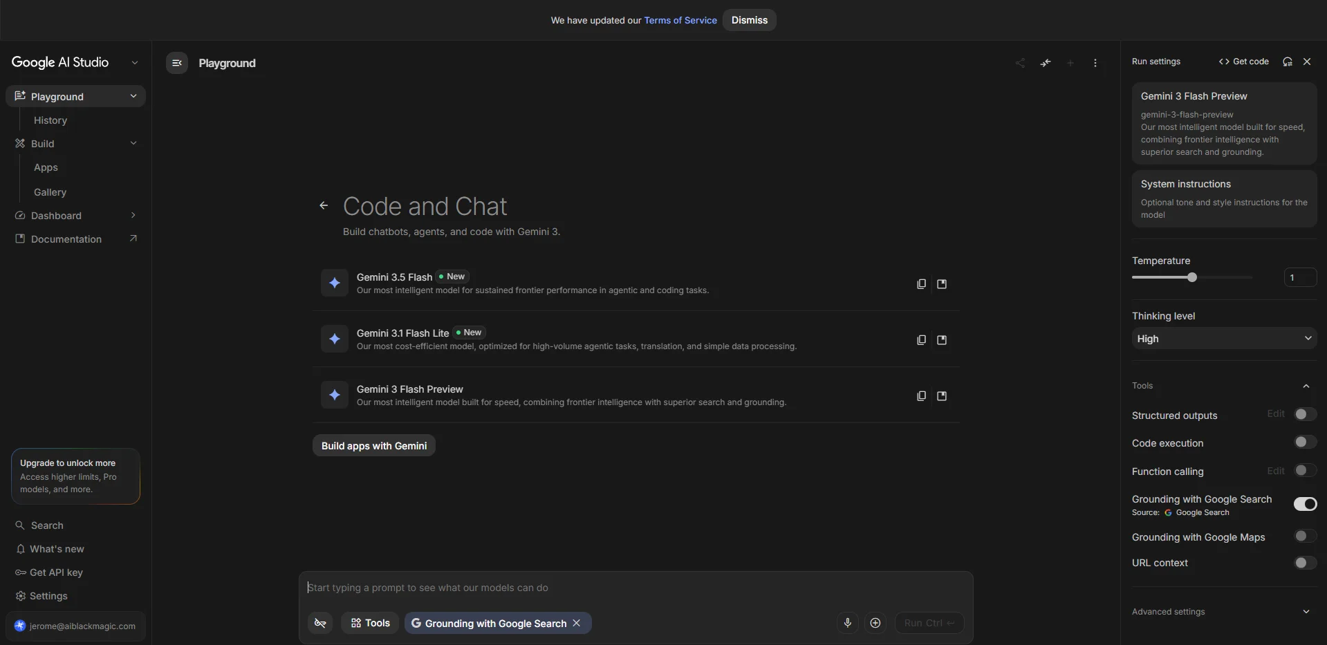 The Google AI Studio Playground in Models mode, with the prompt box along the bottom and the Run settings panel on the right.