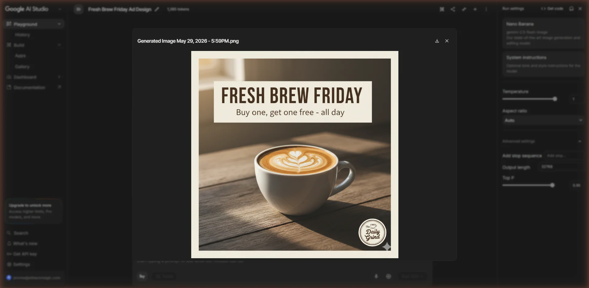 Build mode in Google AI Studio showing a split view, with the chat prompt on the left and a live, working app preview on the right generated from a plain-English description.
