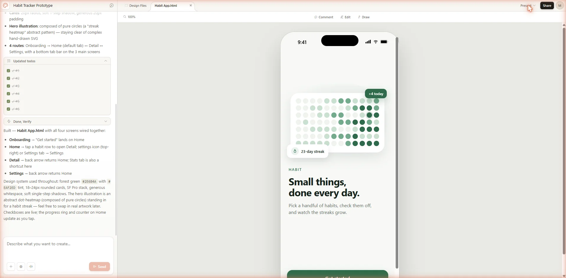 Claude Design Share menu open in the top right of a prototype project, showing the export and handoff destinations including PPTX, PDF, Canva, standalone HTML, and Claude Code.