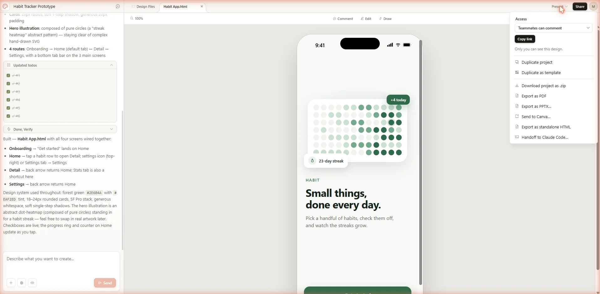 Habit Tracker mobile prototype on the Claude Design canvas, showing the iOS-framed onboarding screen with a forest-green dot-heatmap streak illustration and brand headline.