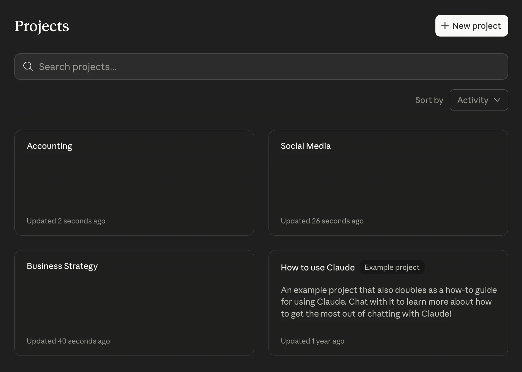 Claude Projects screen showing multiple project containers organized by type of work