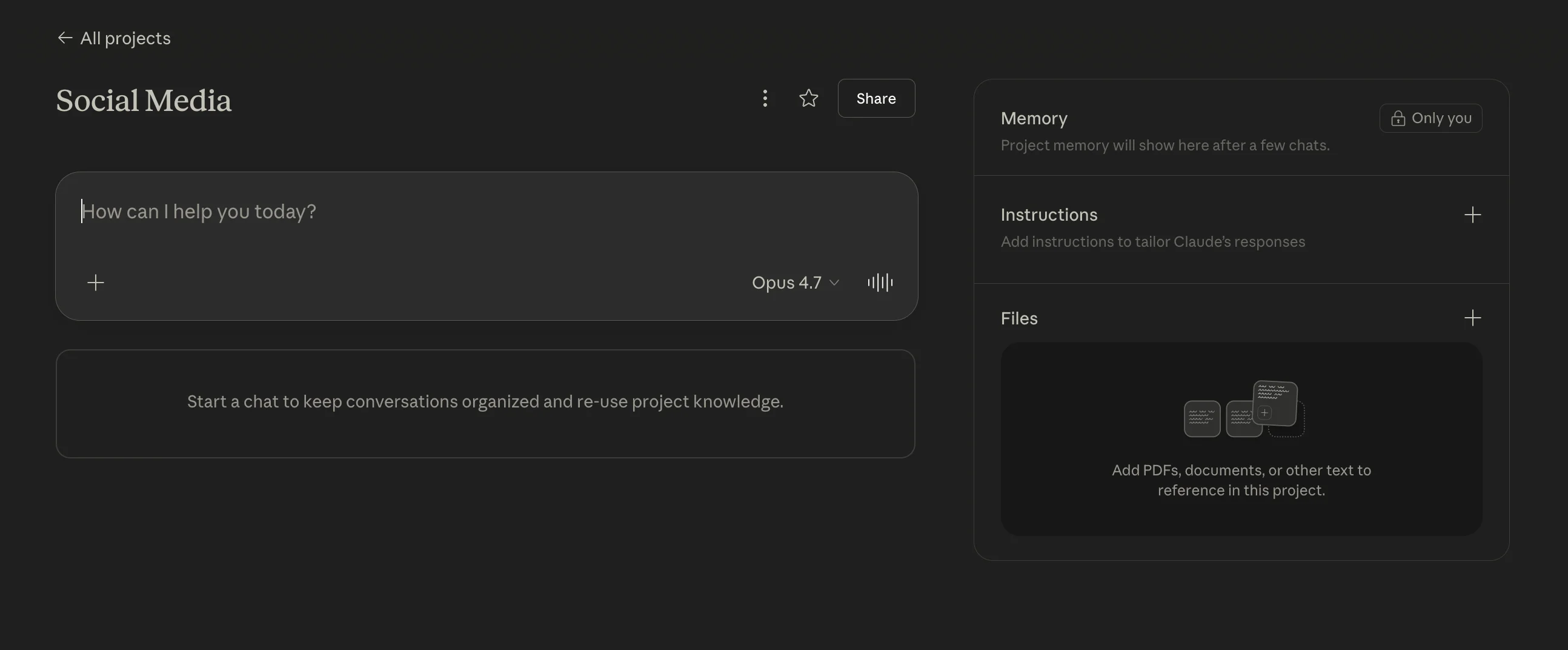 A newly created Claude project workspace with the prompt bar, conversation area, and sidebar showing Memory, Instructions, and Files