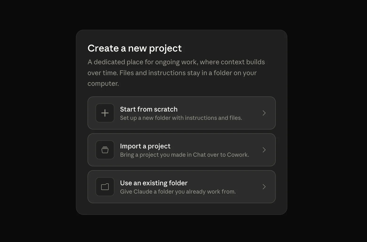 Claude Cowork desktop app project creation screen with options to start from scratch, import, or use a folder
