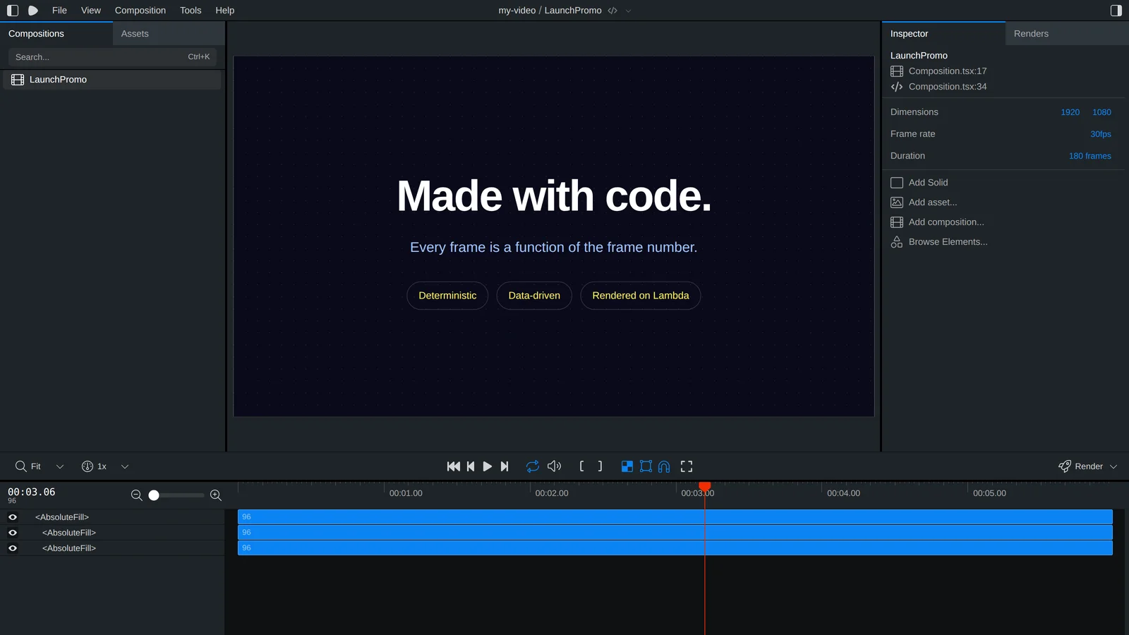 Remotion Studio with a composition open, showing the compositions sidebar, an animated title on the preview canvas, the inspector reporting 1920 by 1080 at 30 frames per second, and the timeline with the playhead partway through.