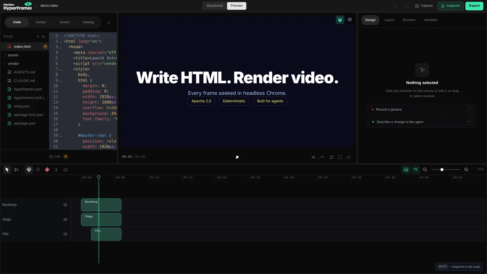 Hyperframes Studio with a composition open: the source code editor on the left, the rendered frame on the canvas in the middle, and the track timeline running along the bottom.