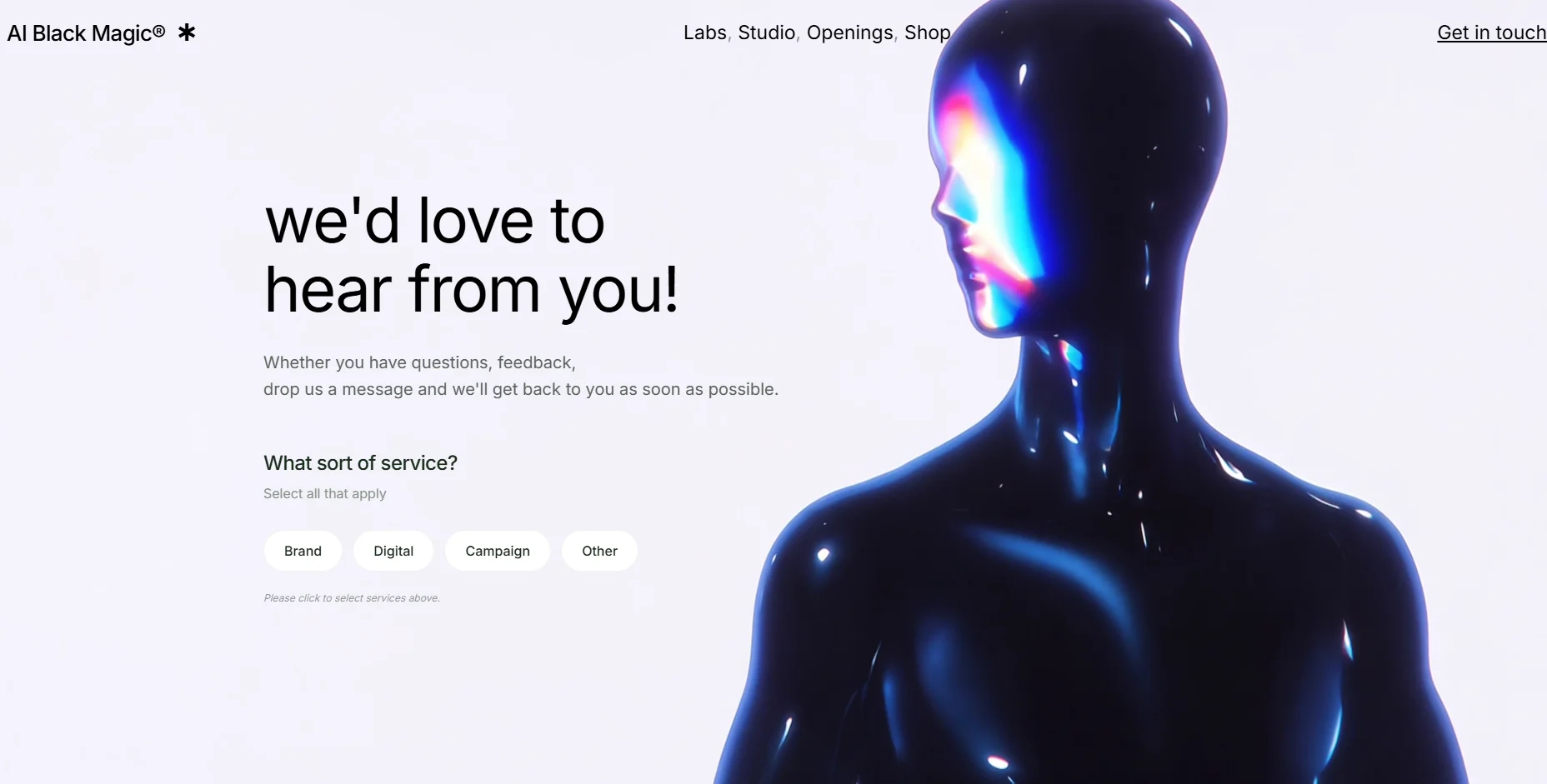 Screenshot of the AI Black Magic contact hero page build, sample 04