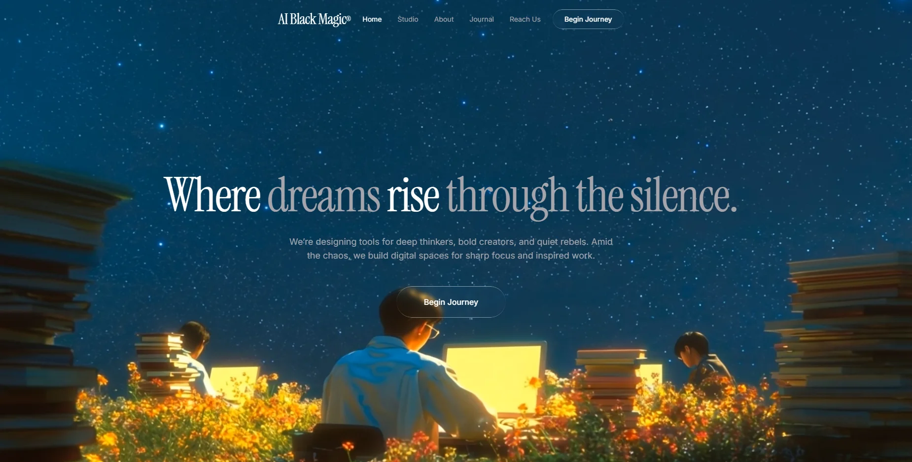 Screenshot of the AI Black Magic cinematic hero page build, sample 03
