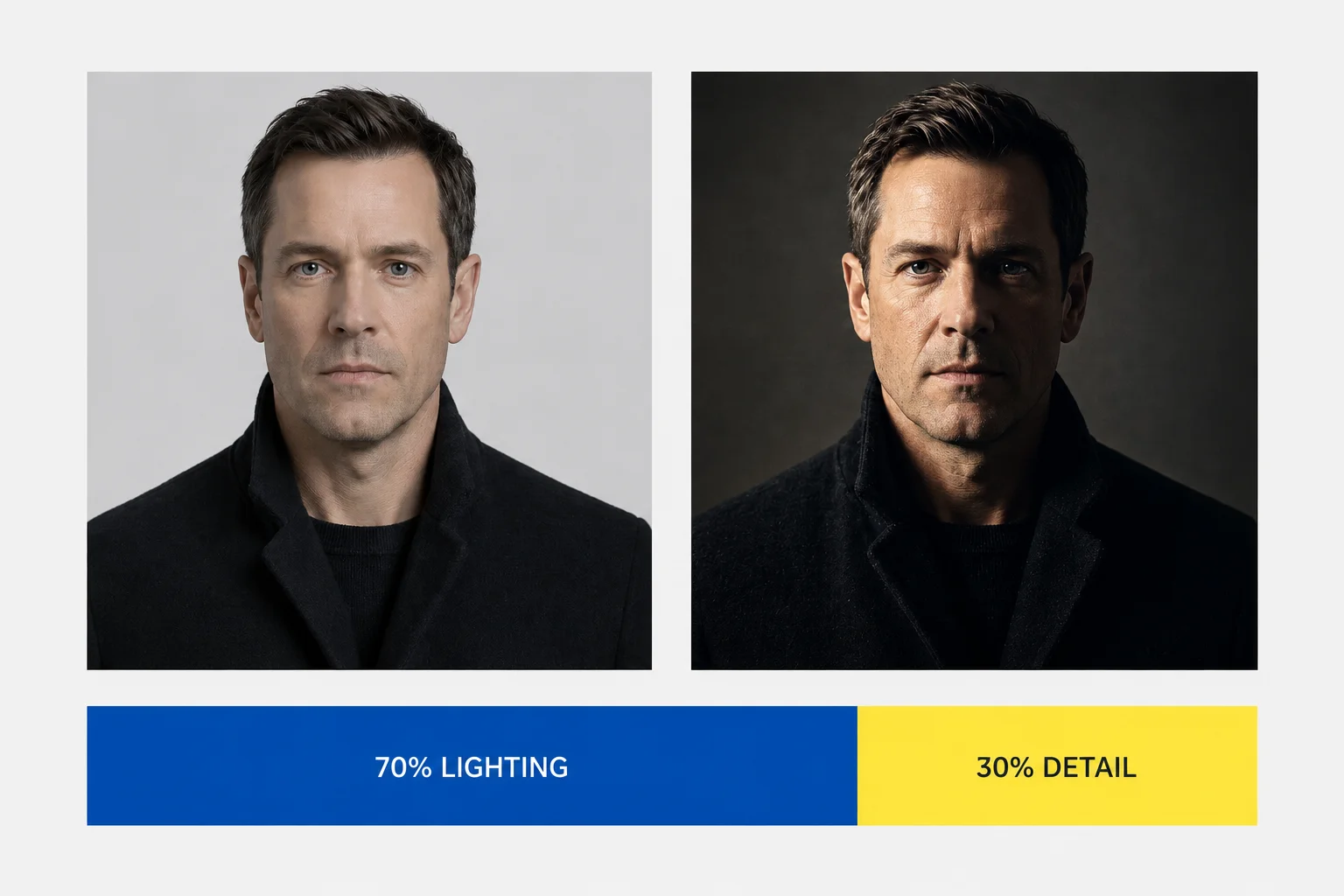 Diagram of the 70/30 rule: the same portrait lit flat versus with dramatic directional lighting, above a bar split into 70 percent lighting and 30 percent detail.