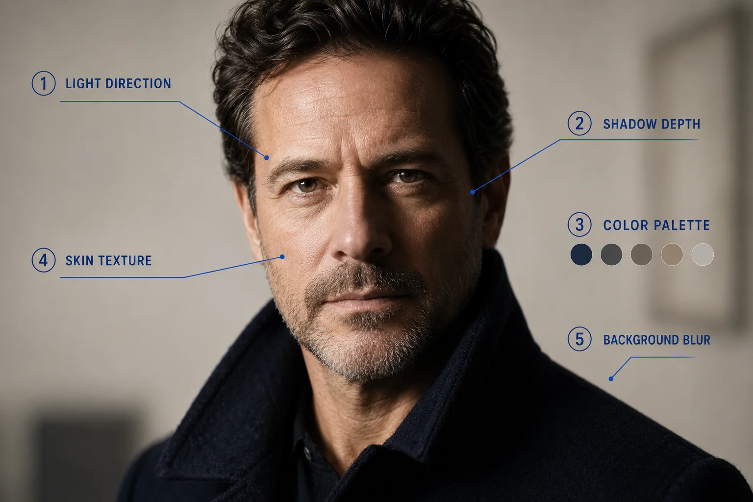 Before-and-after comparison of the same man: flat, plastic-looking AI lighting on the left labeled Default, and realistic cinematic directional lighting on the right labeled Directed.