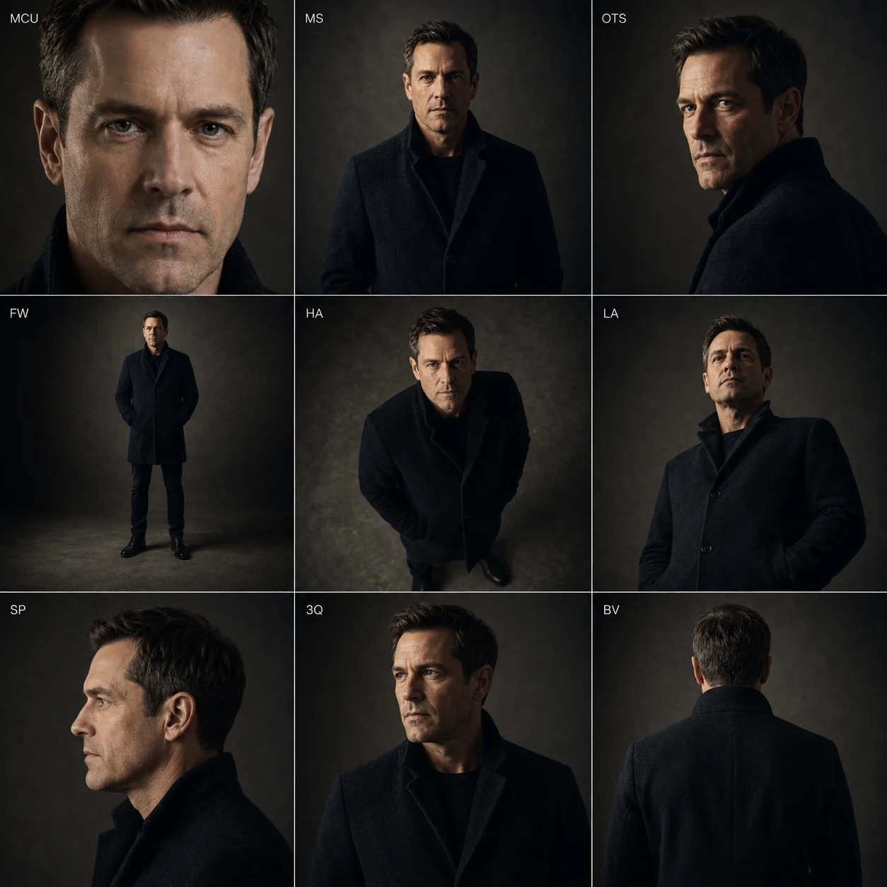 A three-by-three contact sheet of the same character shown from nine consistent camera angles, keeping the same face, outfit, and lighting.