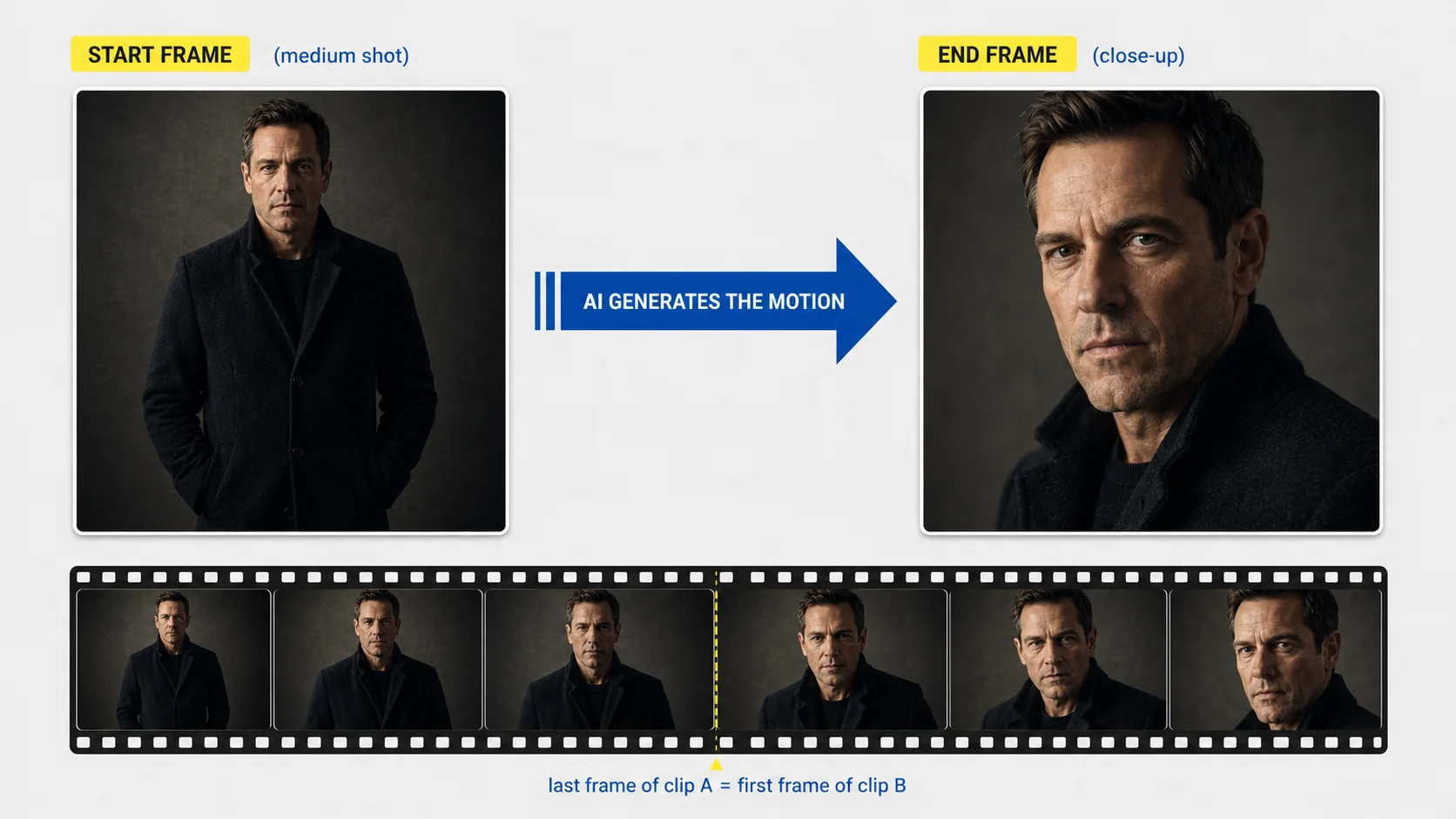A three-step flow showing a reference photo, an AI technical analysis card, and the resulting cinematic portrait that resembles the reference.