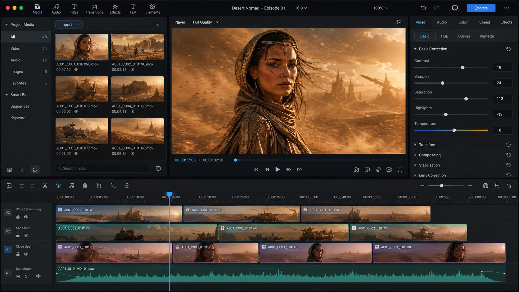 An example 3x3 timed storyboard: nine panels with timecodes and shot titles, all showing the same consistent character and desert world across the scene.