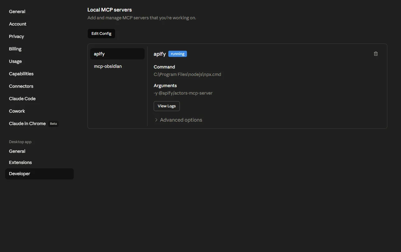 Claude Desktop chat input bar showing the MCP tools indicator confirming the Obsidian server is connected