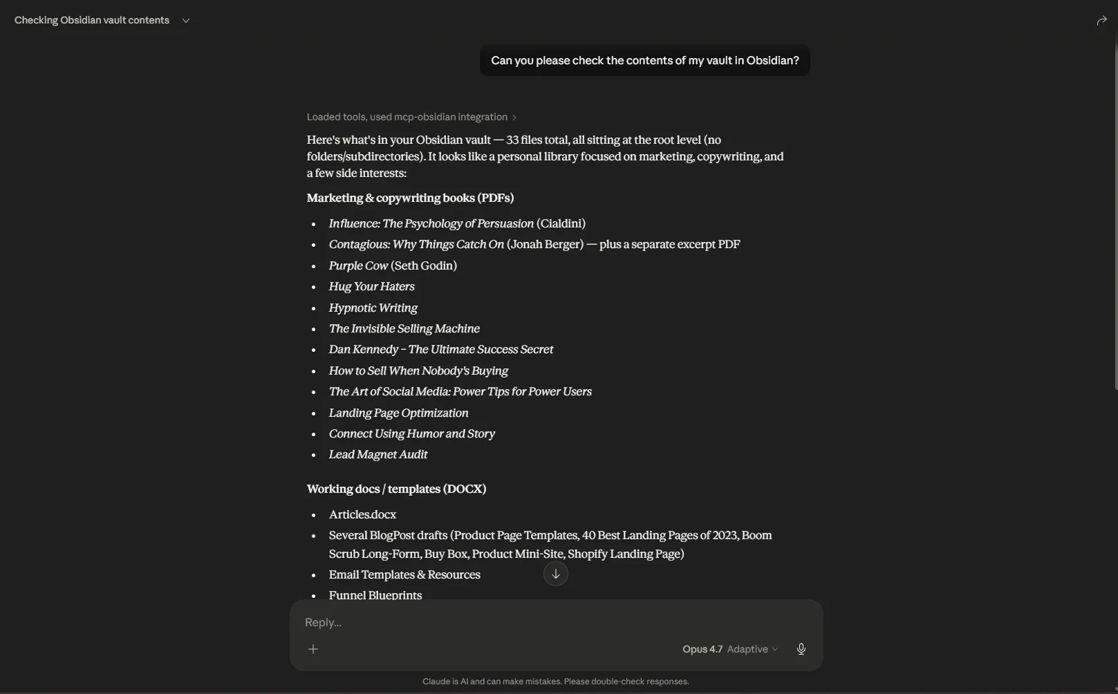 Claude Desktop chat showing a response that references real Obsidian vault notes