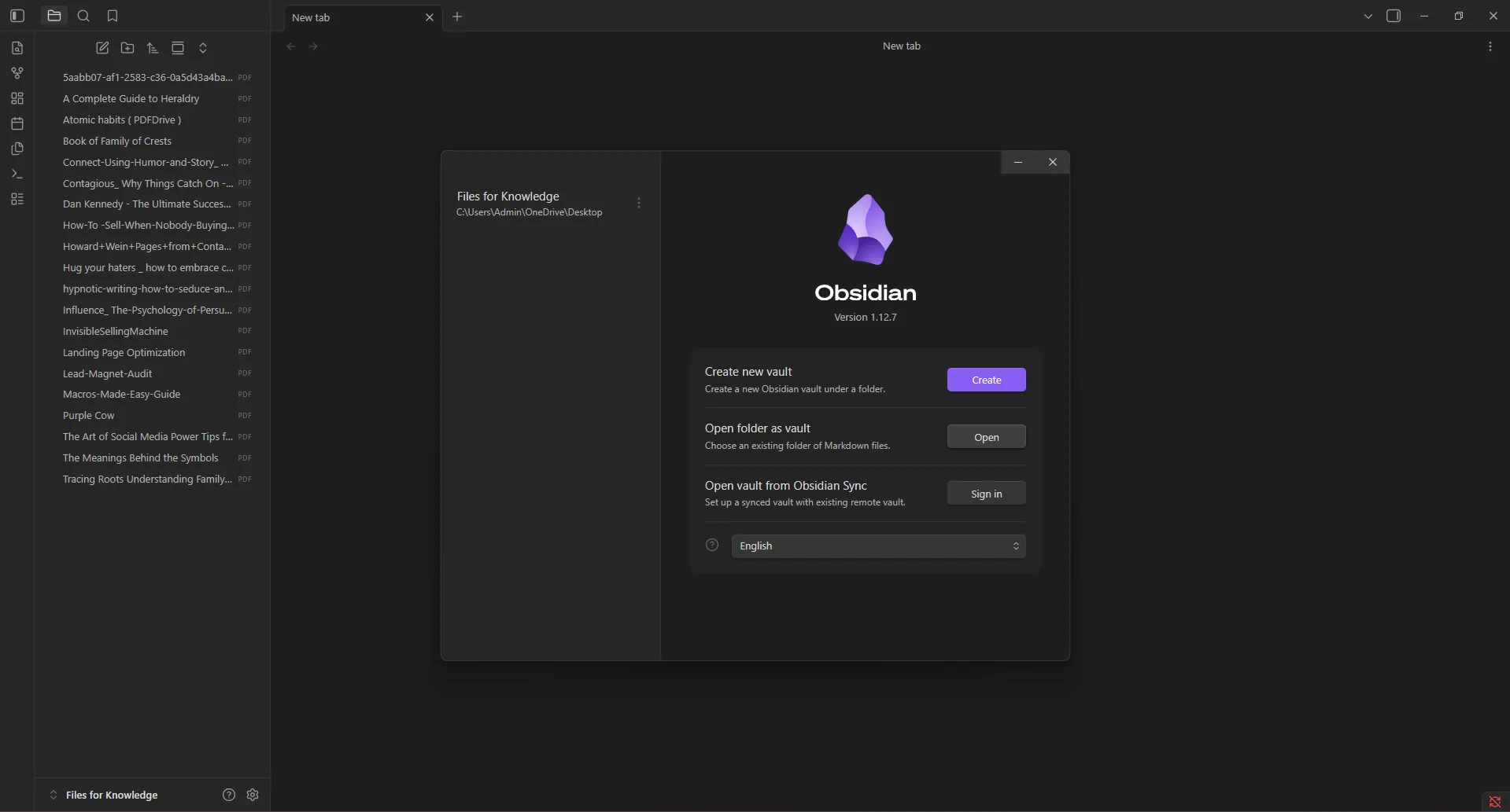 Obsidian vault switcher menu with Open folder as vault option highlighted