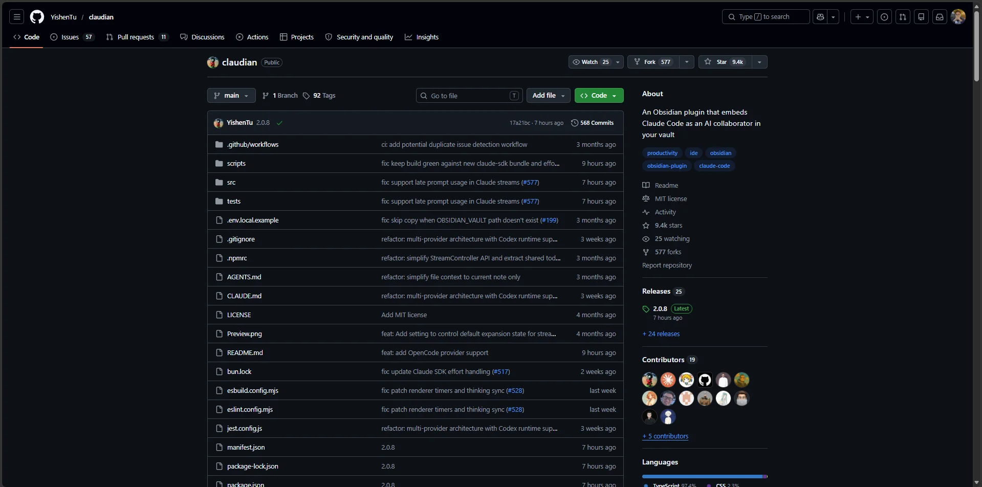YishenTu claudian GitHub repository page
