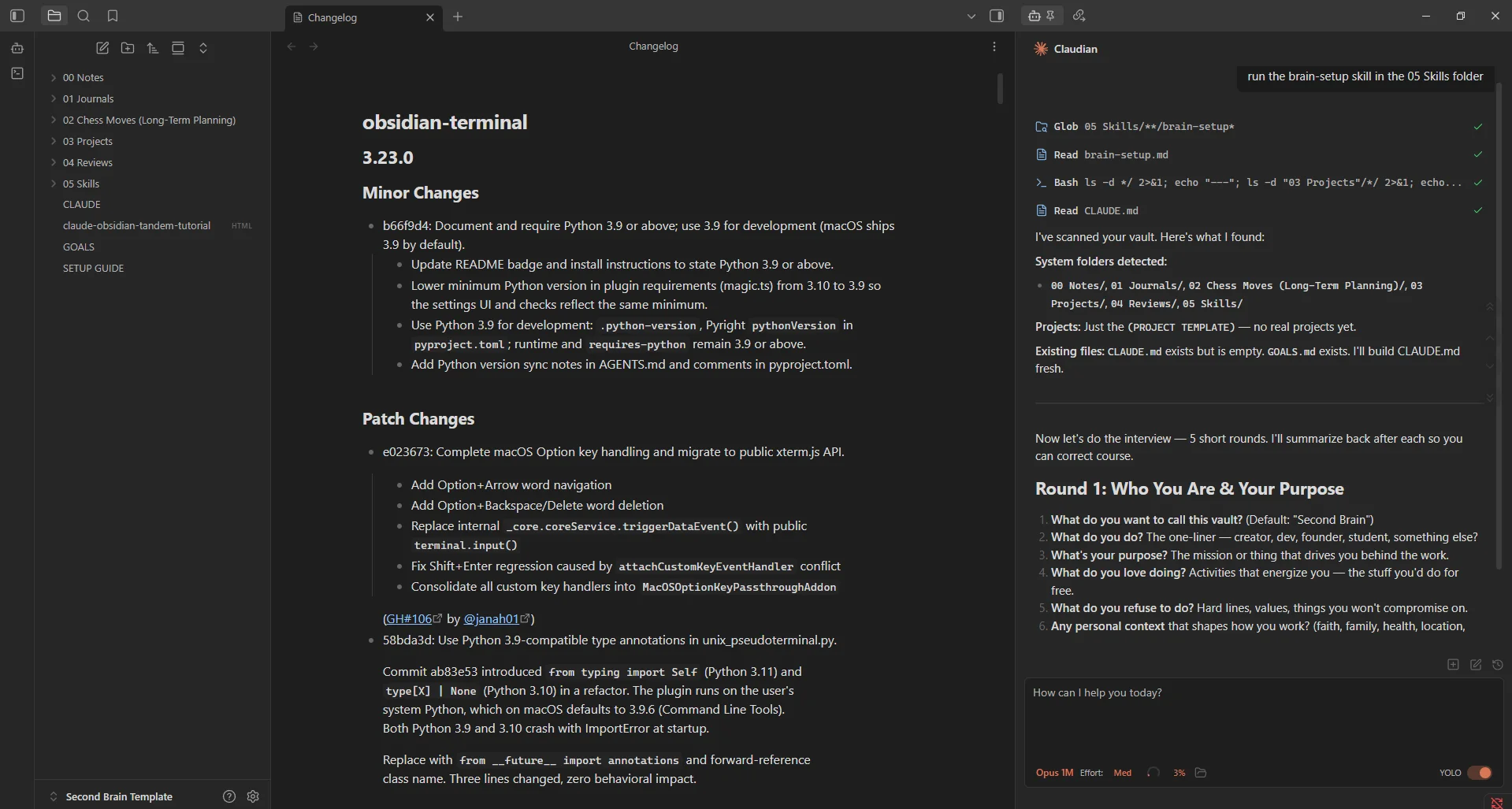 Obsidian file tree showing the freshly created project folder after running the new-project skill