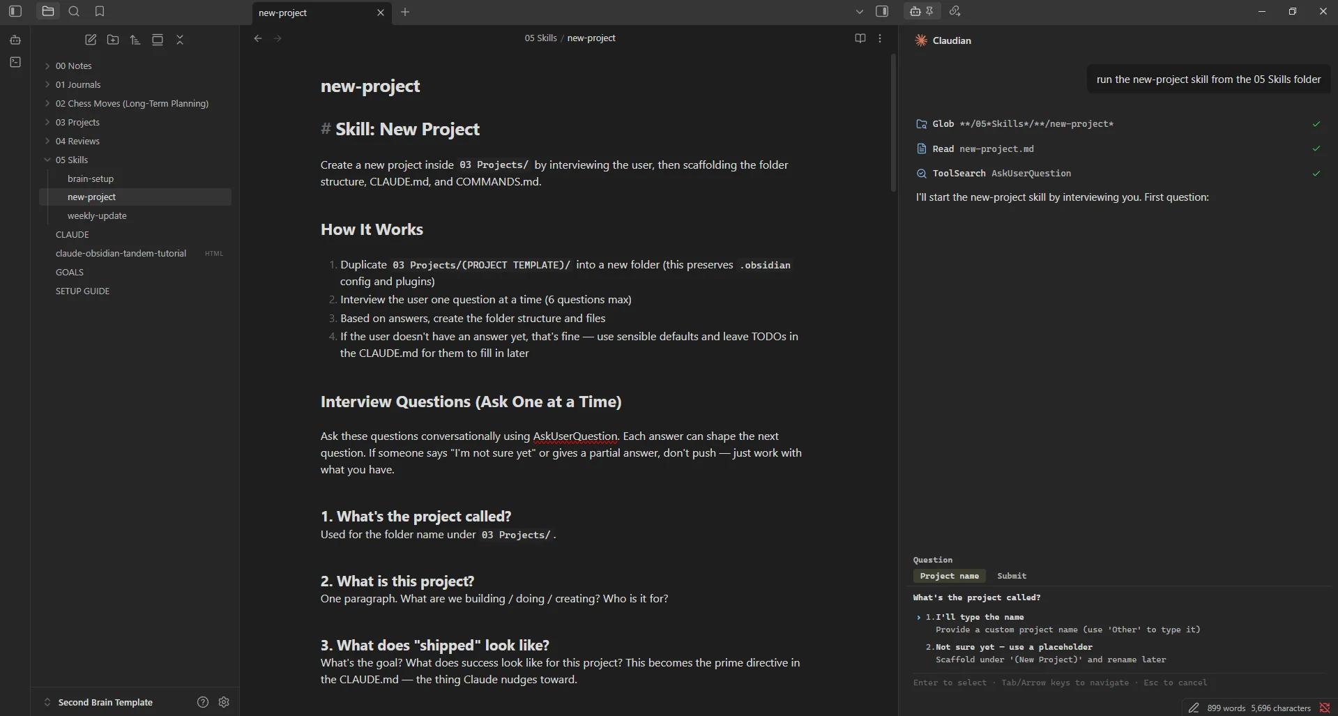 Obsidian with the Claudian chat panel open in the right sidebar alongside an open note
