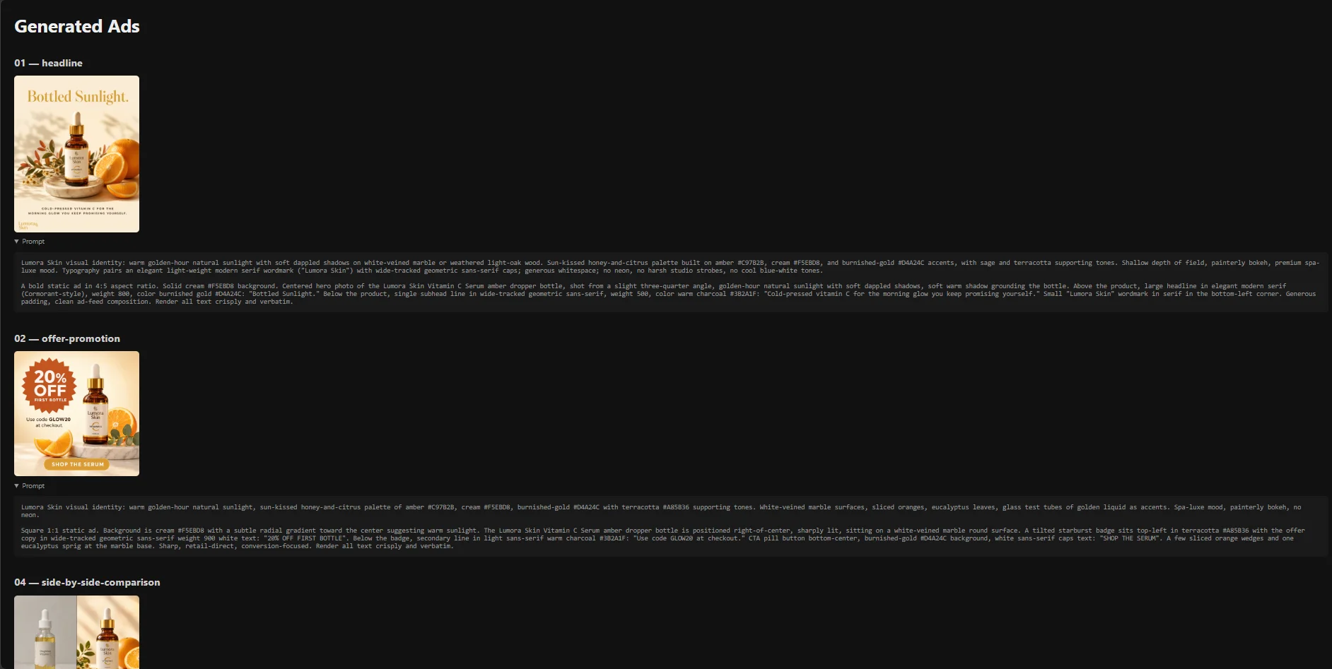 The index.html ad gallery viewed in a browser showing a grid of twenty generated static ads with their template labels.