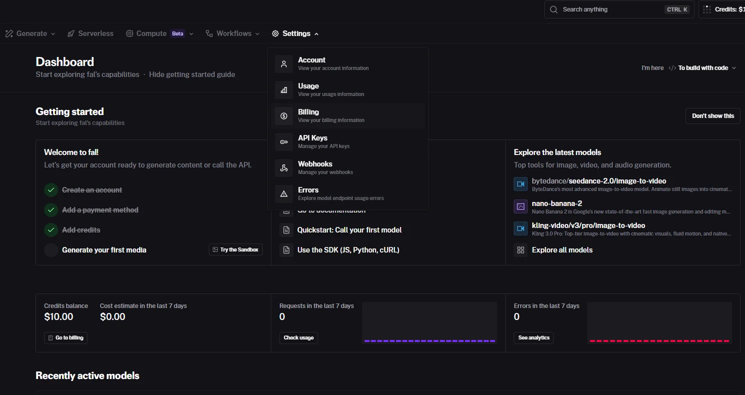The FAL New Key dialog on fal.ai/dashboard/keys showing the Scope dropdown set to API, the Description field, the Keep it safe warning, and the purple Create Key button.