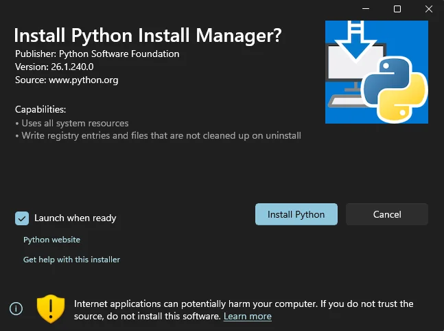 The Python installation manager configuration helper terminal window asking about enabling long path support with a y or N prompt.