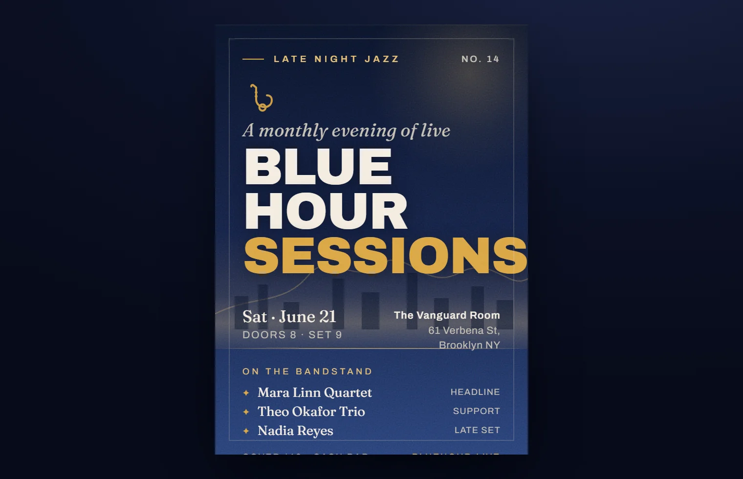 A generic AI-generated jazz night poster with a purple gradient, centered text, and a generic ticket button.