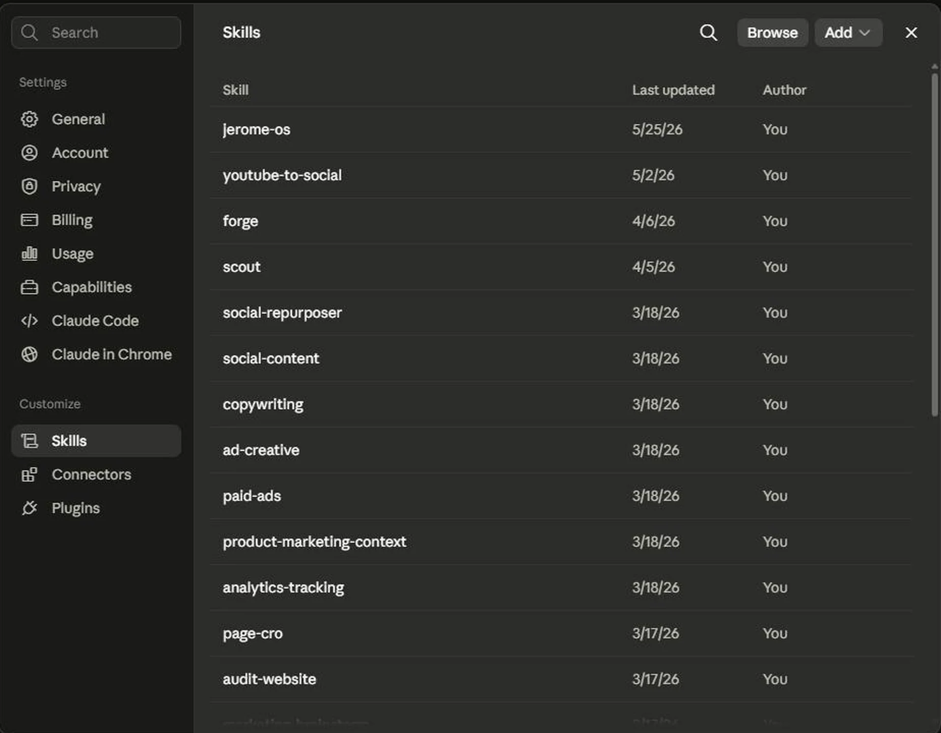 The Skills library under Customize, listing saved skills with their last updated date and author