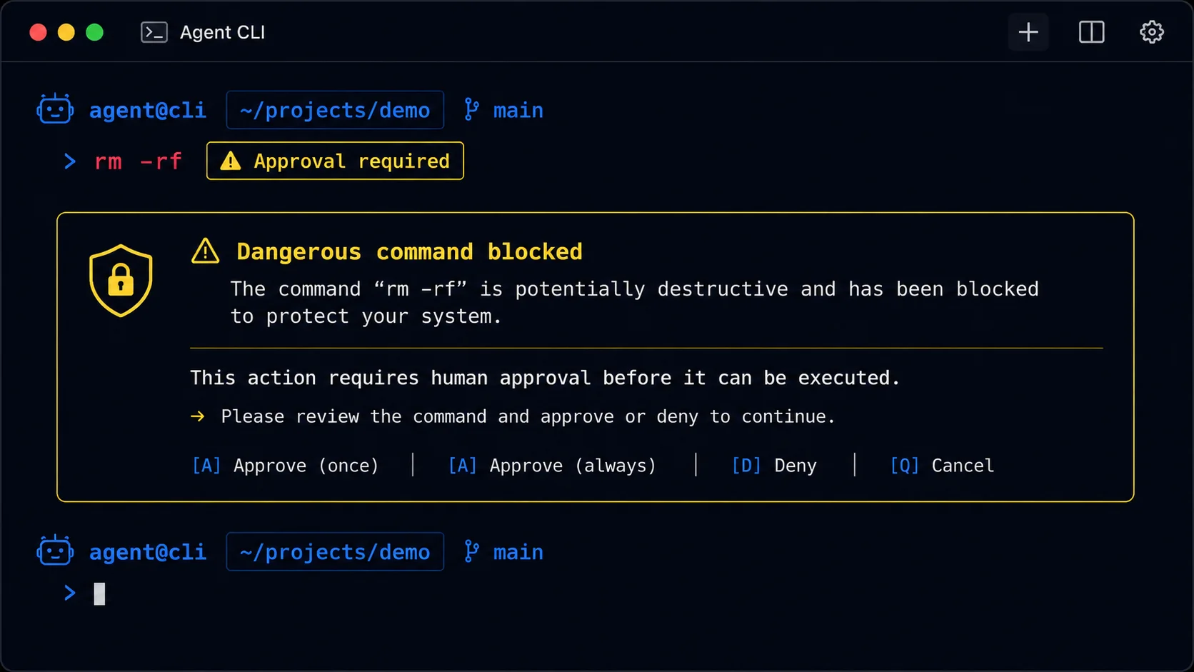 A terminal where a hook blocks a dangerous rm -rf command and requires explicit human approval before it can run.