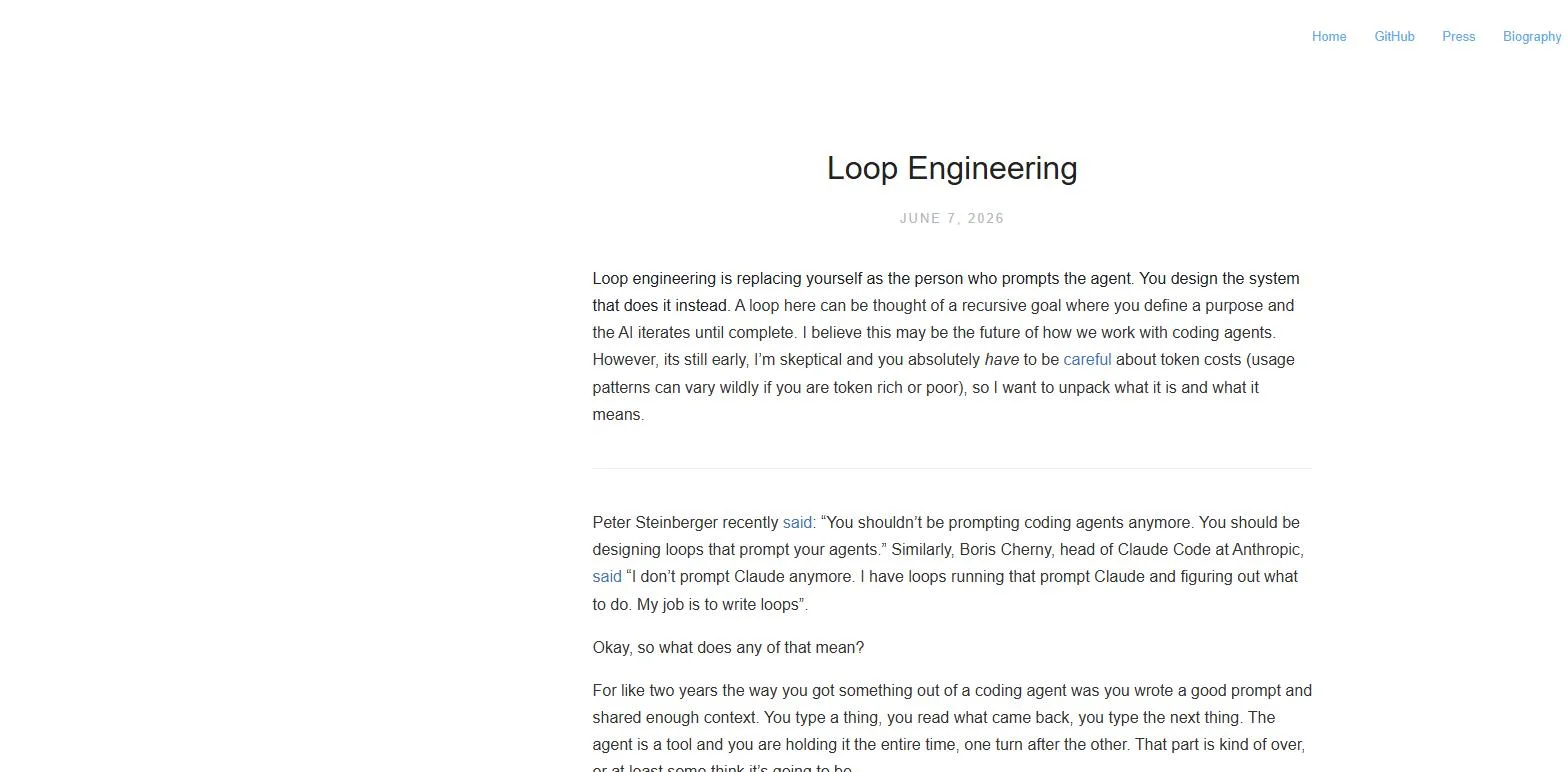 Screenshot of Addy Osmani's Loop Engineering blog post from June 7, 2026, showing the title, date, and opening paragraphs with quotes from Peter Steinberger and Boris Cherny.