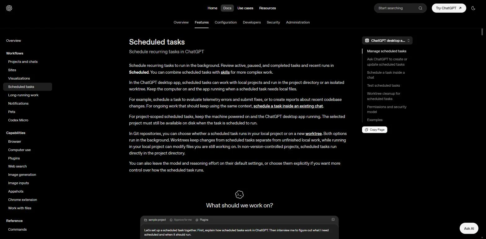 Screenshot of the ChatGPT Scheduled Tasks documentation page, showing how recurring tasks run in the background, the scheduling feature that acts as the heartbeat of a loop.